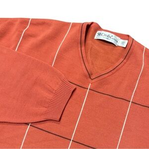 St. Croix Knits Tight Knit Wool Blend V-Neck Sweater Orange Stripe Men’s Size XL